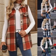 Brnmxoke Flannel Vest for Women 2024 Fall Plaid Lightweight Button Front Long Blazer Vest Coat Elegant Jacket